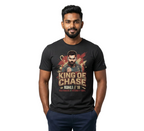 Man wearing a black t-shirt with a graphic design on a white background