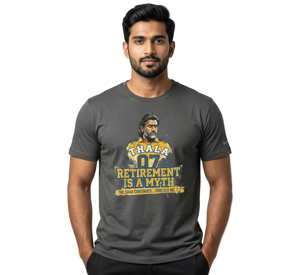 Man wearing a gray t-shirt with a graphic and text on a white background