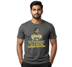 Man wearing a gray t-shirt with a graphic and text on a white background