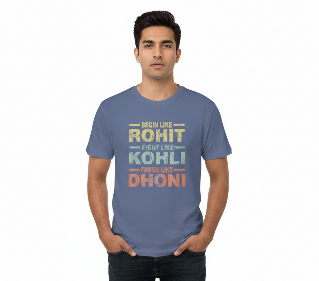 Man wearing a blue t-shirt with sports-themed text on a white background