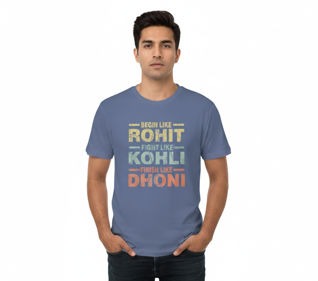 Man wearing a blue t-shirt with sports-themed text on a white background