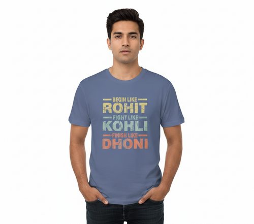 Man wearing a blue t-shirt with sports-themed text on a white background