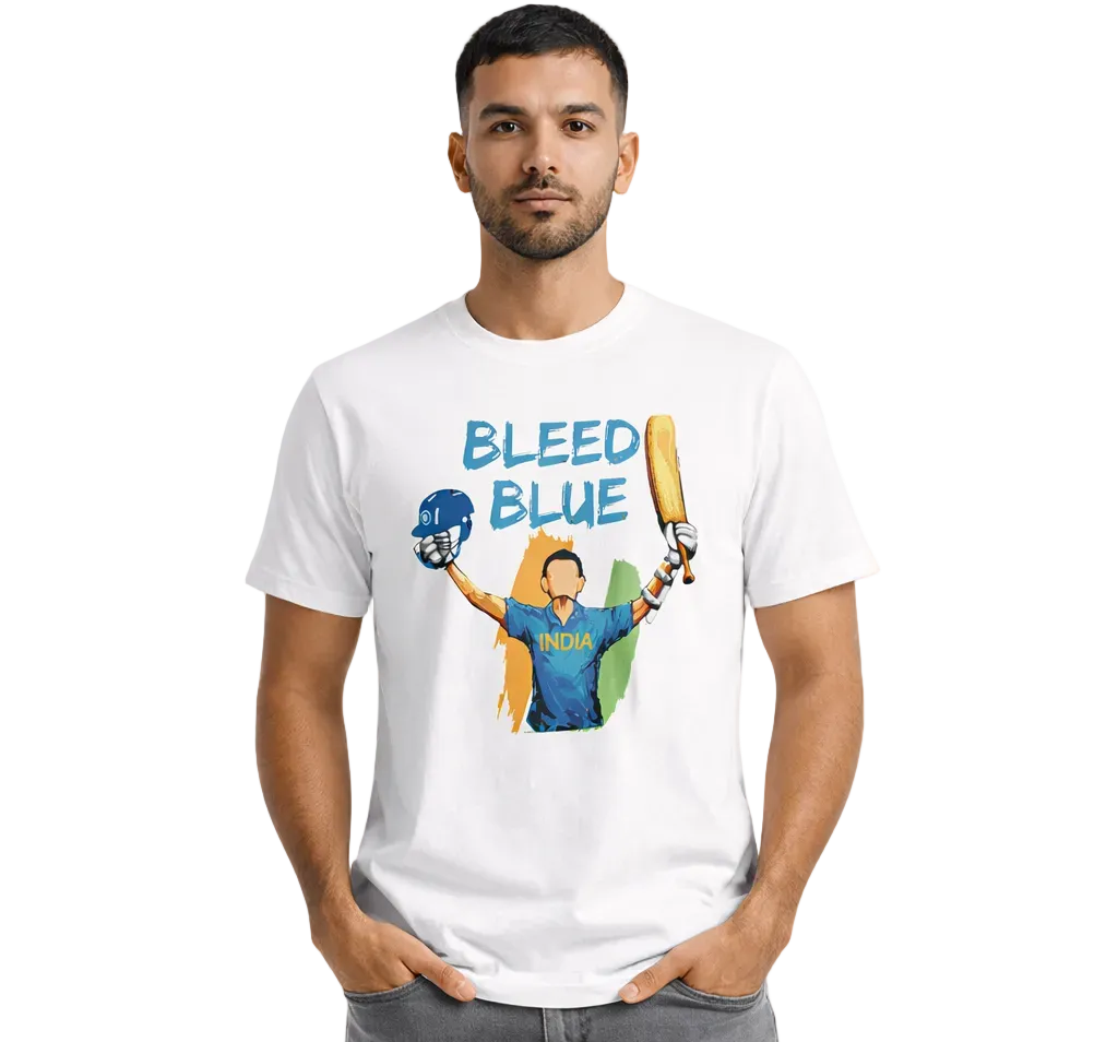 Man wearing a white t-shirt with a graphic design and text 'BLEED BLUE' on a white background