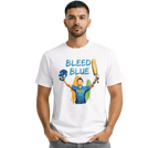 Man wearing a white t-shirt with a graphic design and text 'BLEED BLUE' on a white background