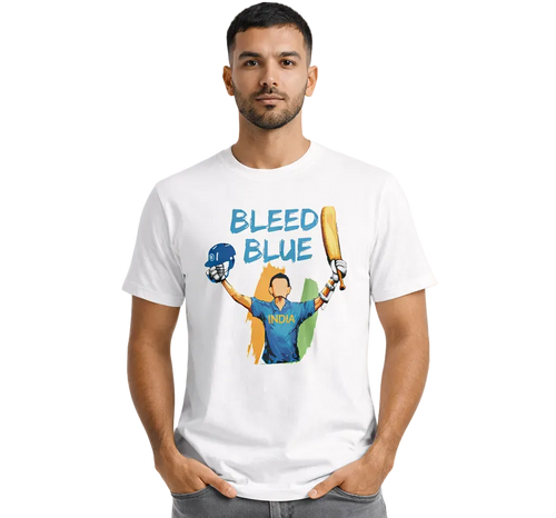 Man wearing a white t-shirt with a graphic design and text 'BLEED BLUE' on a white background