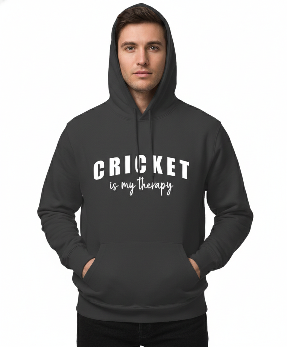 Man wearing a black hoodie with 'CRICKET is my therapy' text on a white background