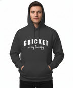 Man wearing a black hoodie with 'CRICKET is my therapy' text on a white background