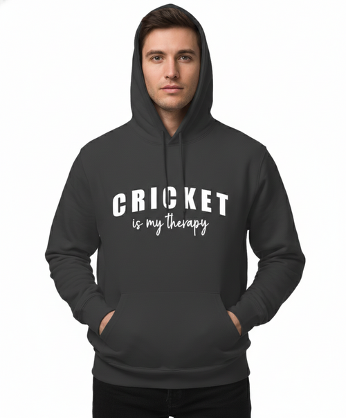 Man wearing a black hoodie with 'CRICKET is my therapy' text on a white background