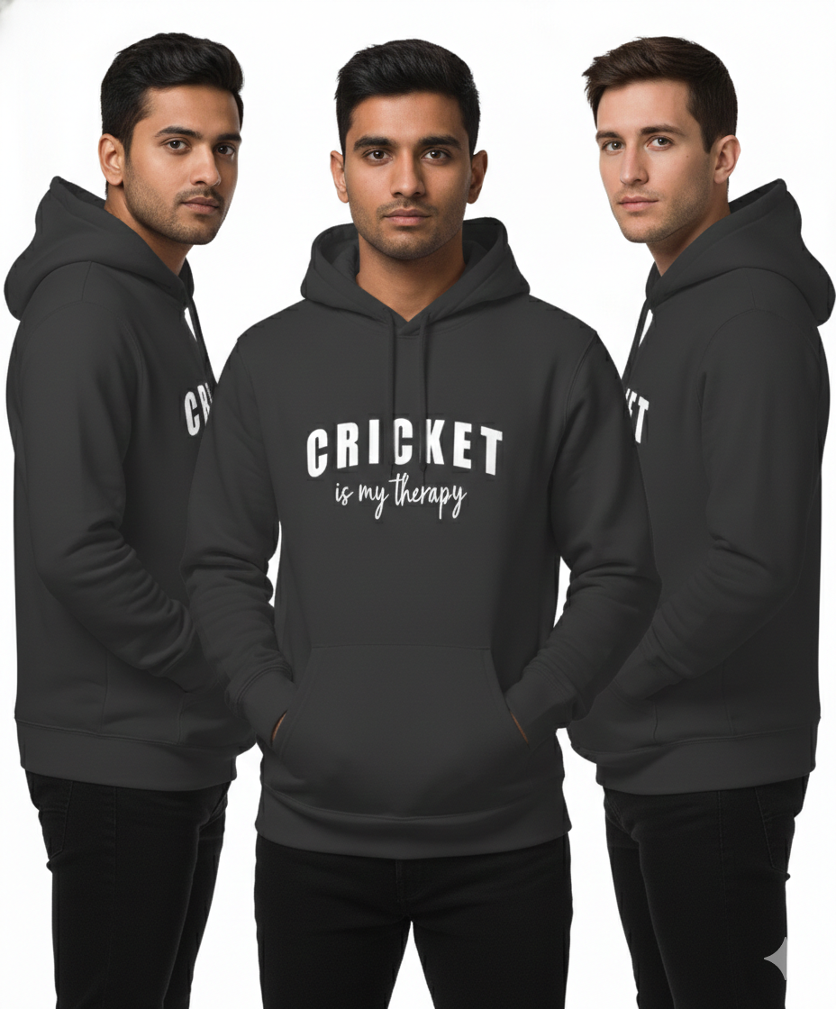 Three men wearing black hoodies with 'CRICKET is my therapy' text on a white background