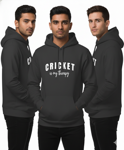 Three men wearing black hoodies with 'CRICKET is my therapy' text on a white background