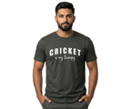 Man wearing a dark gray t-shirt with 'CRICKET is my therapy' text on a white background