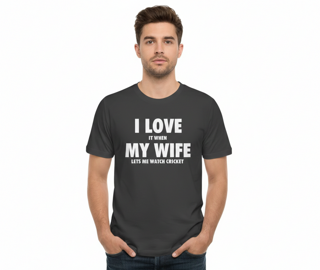 Man wearing a black t-shirt with text on a white background