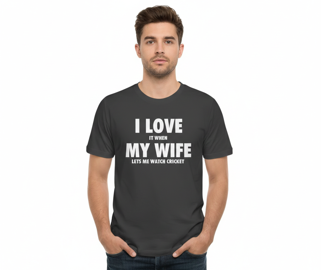 Man wearing a black t-shirt with text on a white background