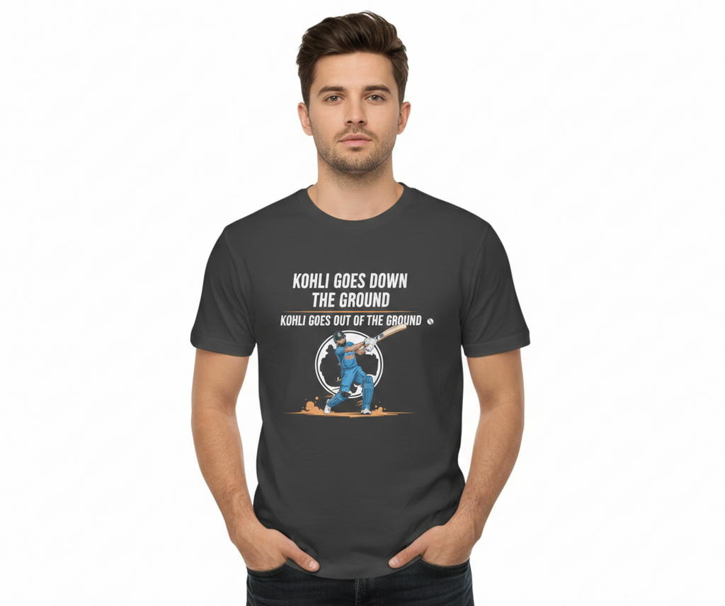 Man wearing a black t-shirt with a graphic and text on a white background