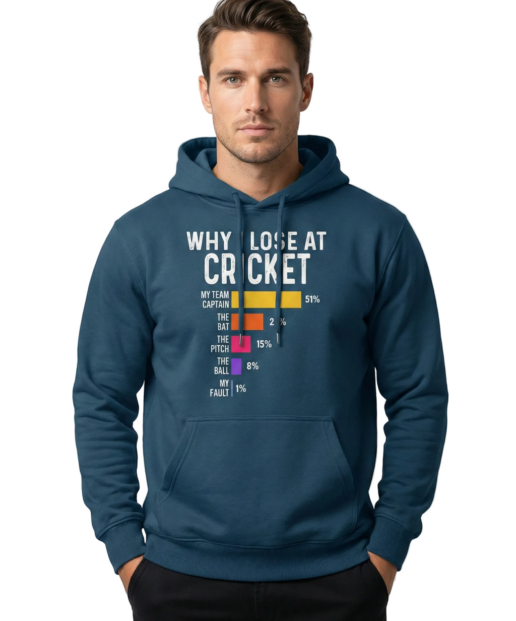 Man wearing a blue hoodie with text and graphics on a white background