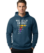 Man wearing a blue hoodie with text and graphics on a white background