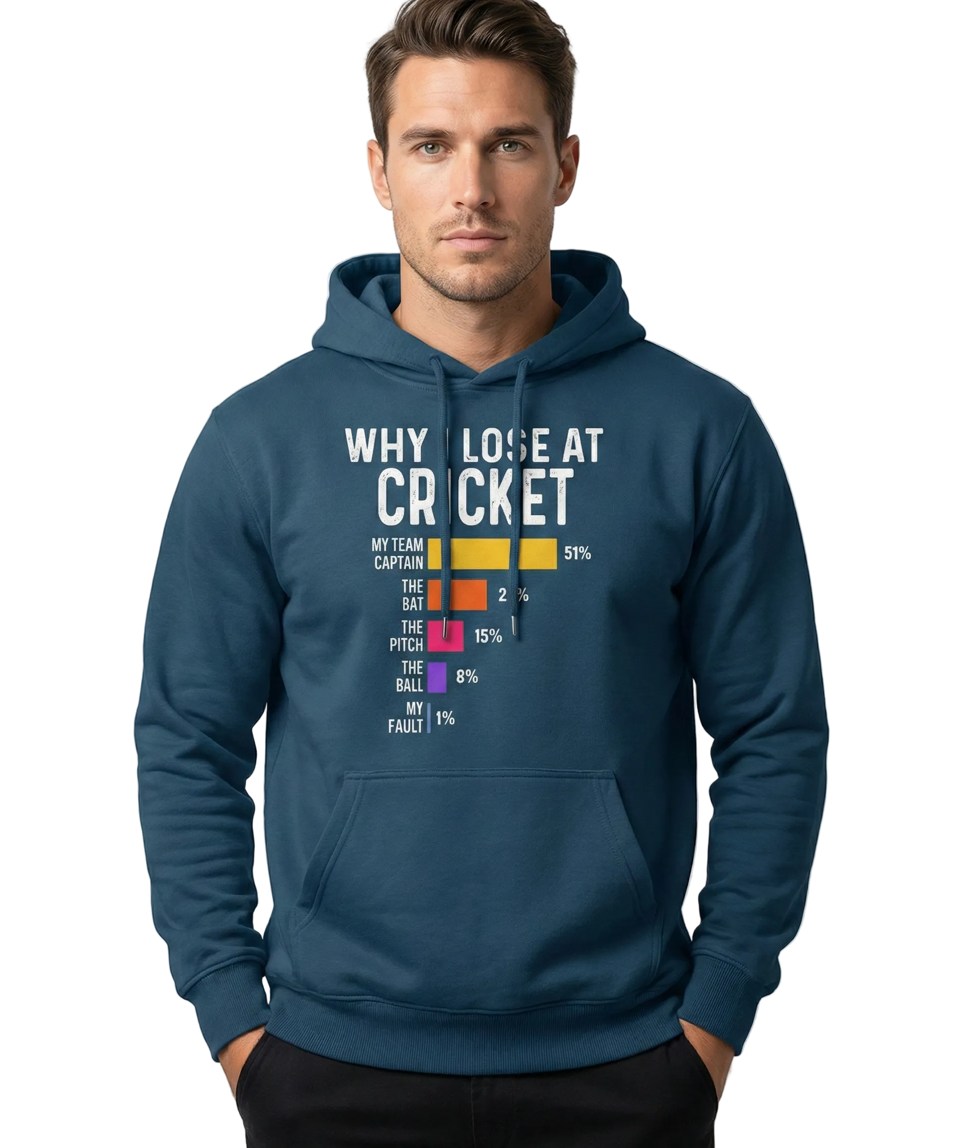 Man wearing a blue hoodie with text and graphics on a white background